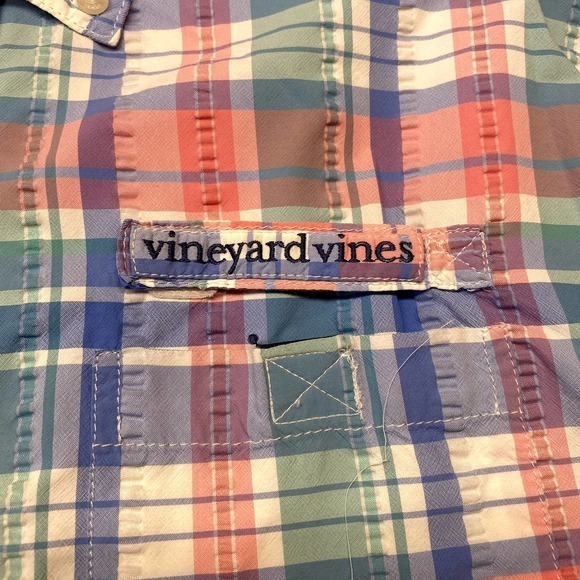 Vineyard Vines Small Pink Blu Plaid Seersucker Vented L/S Button Up Shirt - Picture 3 of 5